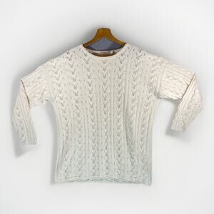 VTG Cable Knit Sweater Womens Sz L Cream Chunky Chore Barn Cottagecore Fisherman